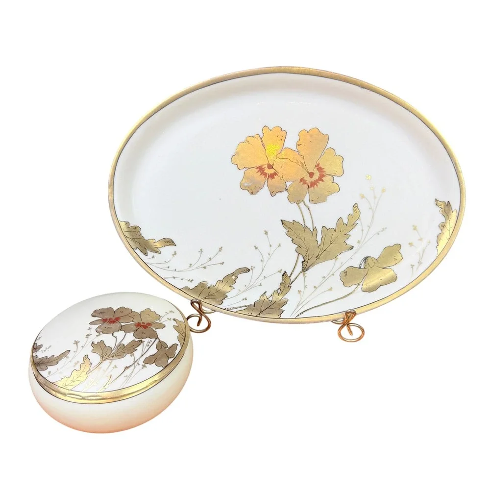 1909 Art Deco Dresser Tray & Covered Jar Set Porcelain Gold Antique Poppy LOOK